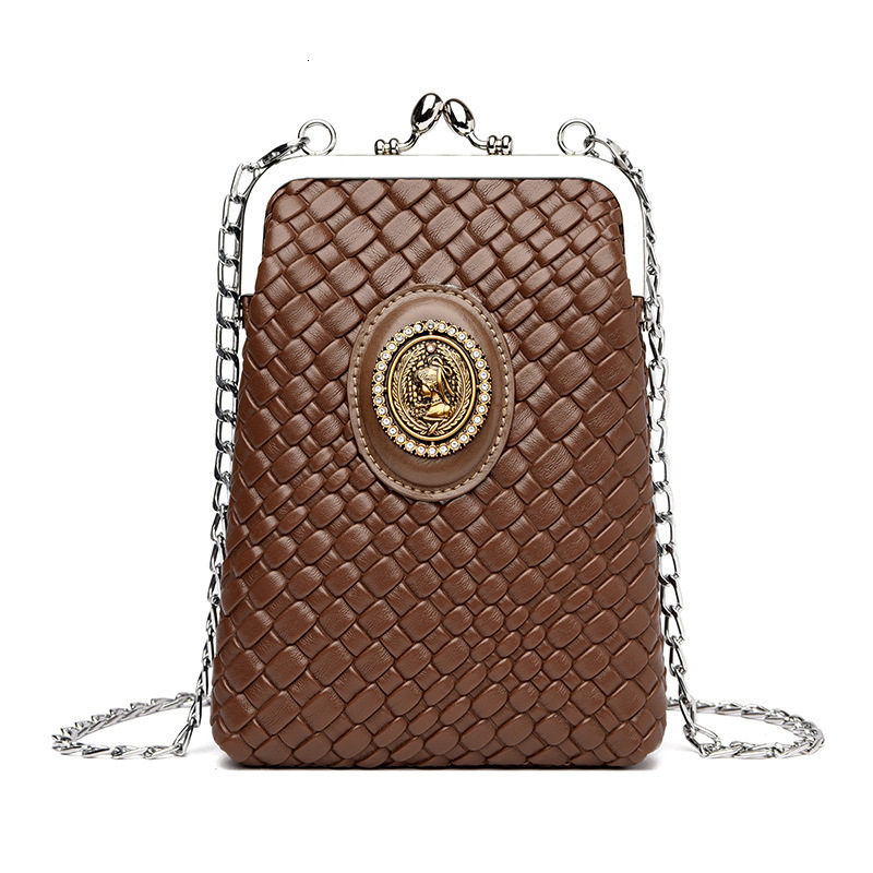 Luxury Brand Designer Bag Beauty Head Diamond-Studded Phone Bag 2025 Socialite Clip Chain Bag Fashion Woven Leather Single Shoulder Crossbody Coin Pur