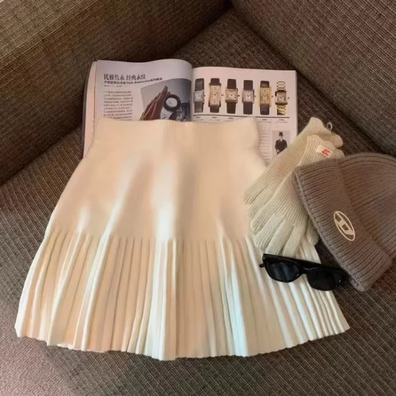 Pleated Mini Skirts Korean Sweet Knitted Elastic Waist Ladies Casual Youthful For Womens Clothes Solid Fashion 251022