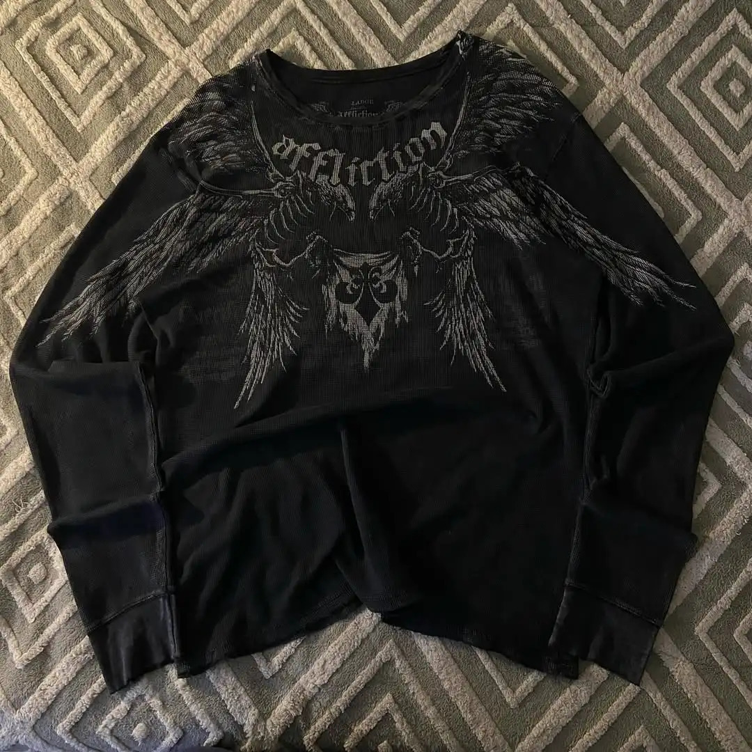 American Retro Trend Printed Long Sleeve 90s Street HipHop Harajuku Tshirt Men Fashion Gothic Casual Pure Cotton Loose Top 251020