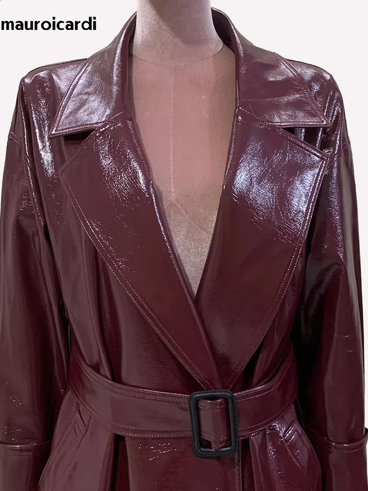 Mauroicardi Spring Autumn Extra Long Oversized Pu Leather Trench Coat for Women Sashes Elegant Chic y ner Clothes 251017