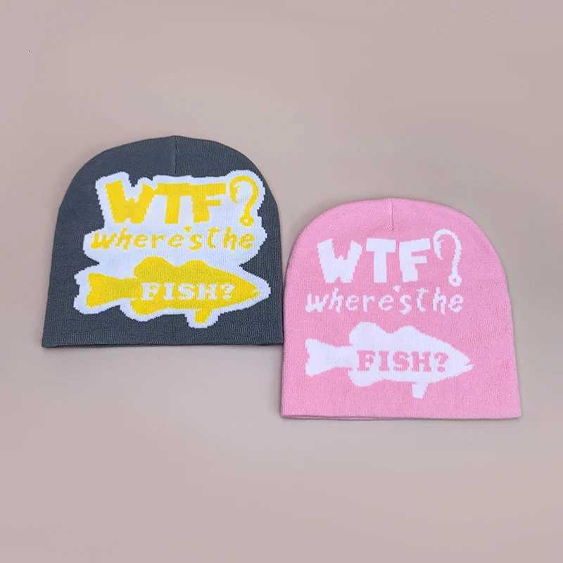 Street Funny Fish Letter Knitted Hats Autumn and Winter New Unisex Warm Versatile Hip Hop Color Block Fashion Personal BeaniesXJ251023