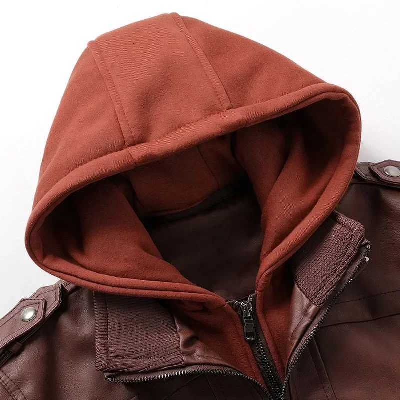 Spliced PU Leather Faux Leather Cardigan Solid Zipper Hooded Men Jackets Pockets Loose Fit Outerwear High Street Man Jacket W251023