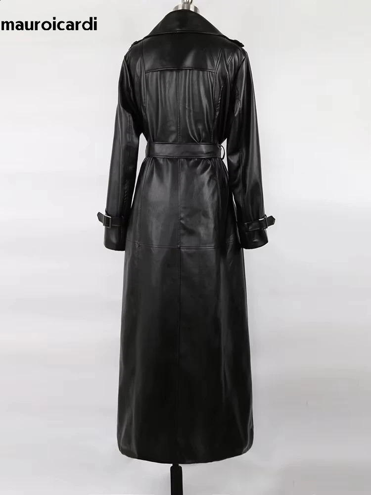 Mauroicardi Spring Autumn Waterproof Black Soft Pu Leather Trench Coat for Women Belt Double Breasted Floor Length Overcoat 251017