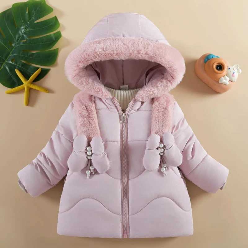 1 2 3 4 Years Baby Girls Jacket Winter New Solid Color Butterfly Decoration Lining Plush Warm Hooded Zipper Down Cotton Outwear Y251023