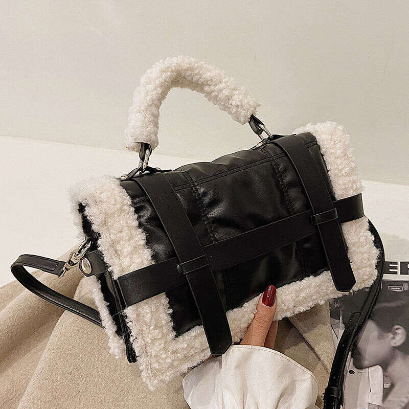 toteBag Shoulder bag ROSE NOIRE Lamb Wool Patchwork For Women Autumn Winter New Women S Ins Style Single Shoulder Small Square Bag Plush Handbag Cross