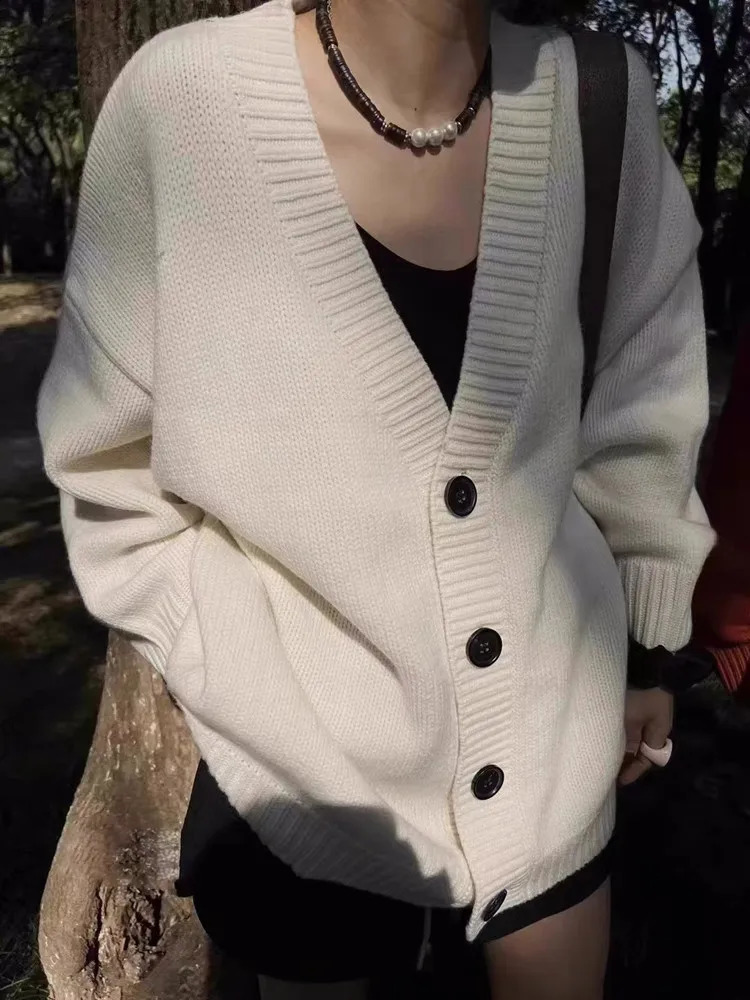 Autumn Winter High Quality Premium Knit Cardigan Womens 100Wool Cashmere Medium length Sweater Vneck Loose Coat Jacket Female 251013