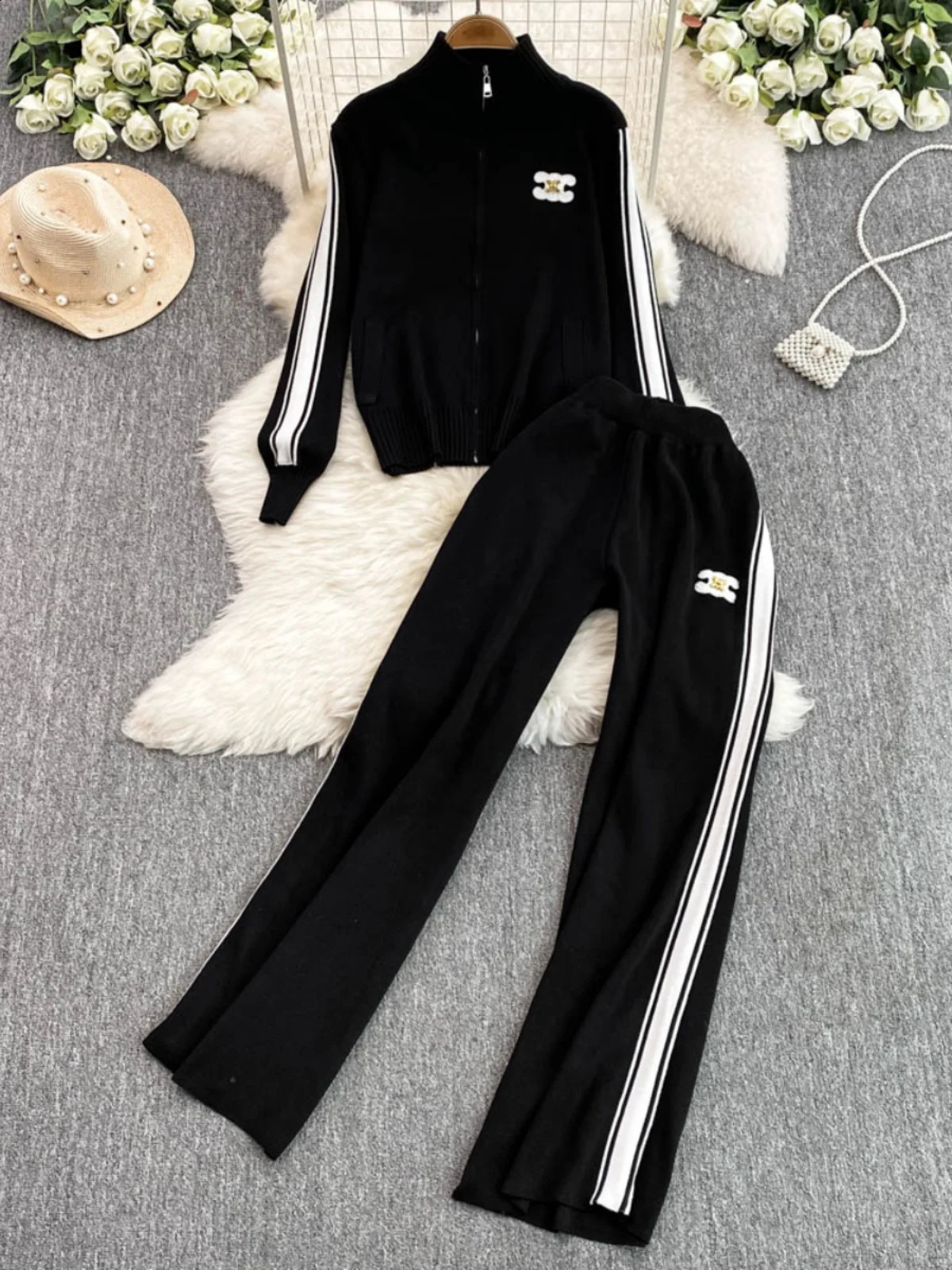 Casual College Sle Womens TwoPiece Set Long Sve Outerwear And High Waist Wide Leg Pants plus Size Sportswear 251022