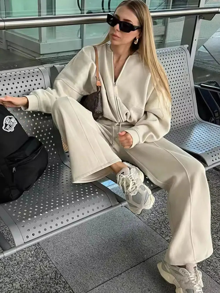 HH Womens Fall 2Piece Retro Solid Color Zip Bomber Jacket SweatshirtHigh Waist Lace Up Wide Leg Pants Street Wear 251022
