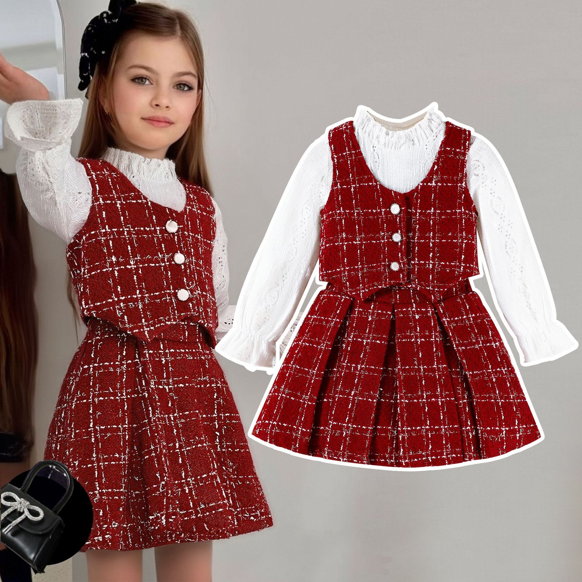 European and American Spring and Autumn Girls' Set Designer Fashionable Suitable for Young Girls Solid Color Lace Inner Wear Tank Top Folded Skir