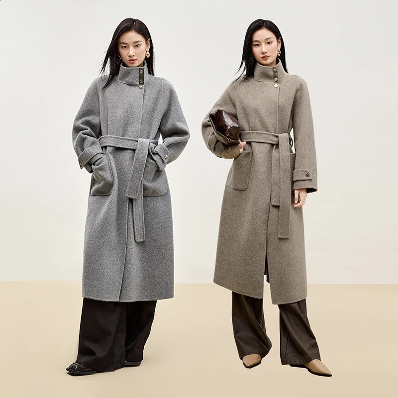 SENTUBILA Women Wool Blend Long Coat Winter Warm Outerwears Loose Fit Stand Neck Double Sided Belted Overcoat W44O56661 251021