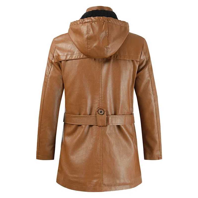 Mens Fashion Hooded Long Leather Coat Windproof Clothes Mens Leather Motorcycle Coat Winter Korean Fashion Leather Jacket W251023