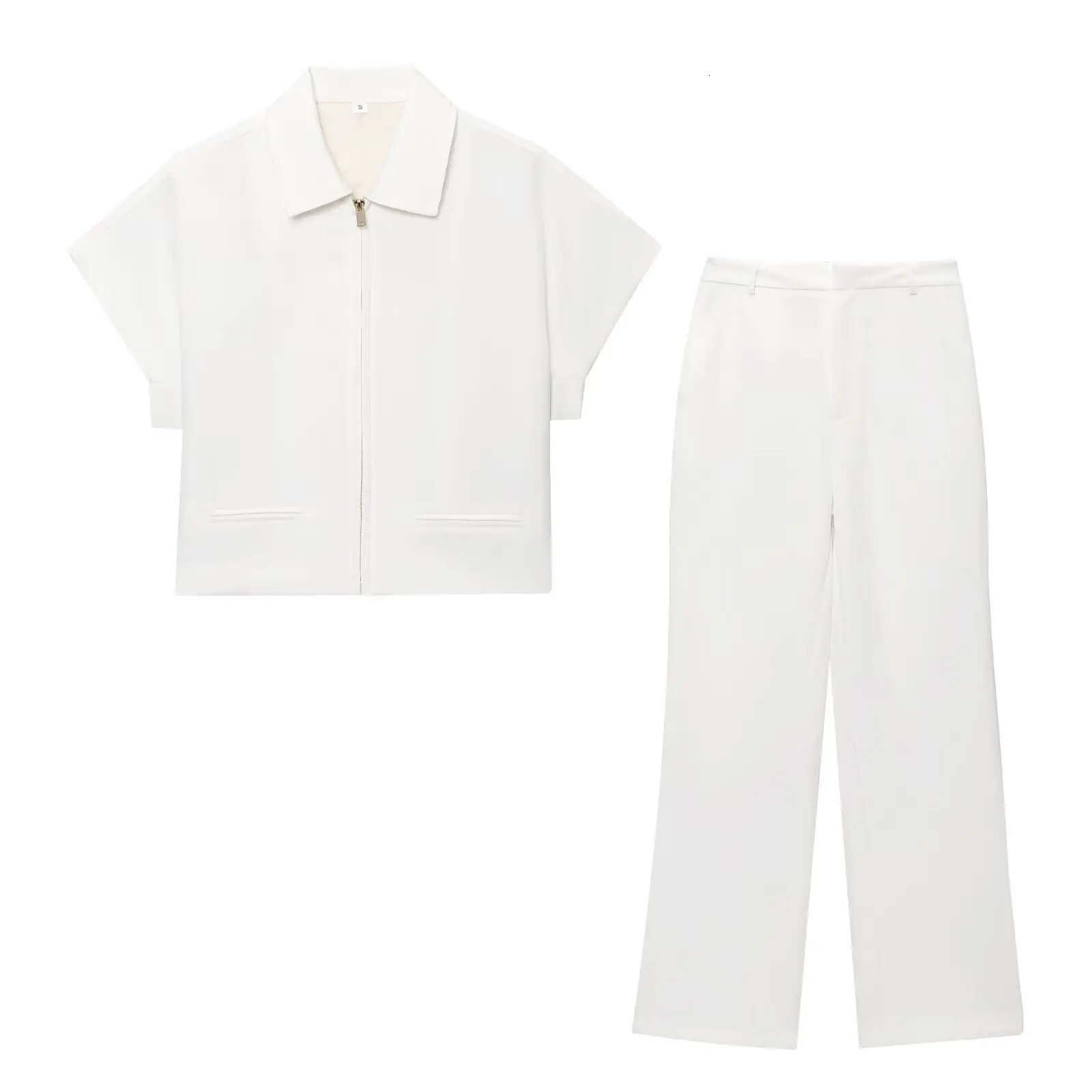 TFMLN Fashion Set For Women Summer Slim Lapel Zipper Short Sleeve Coat Top Wide Leg Pants Two Piece Set Leisure Black 251016