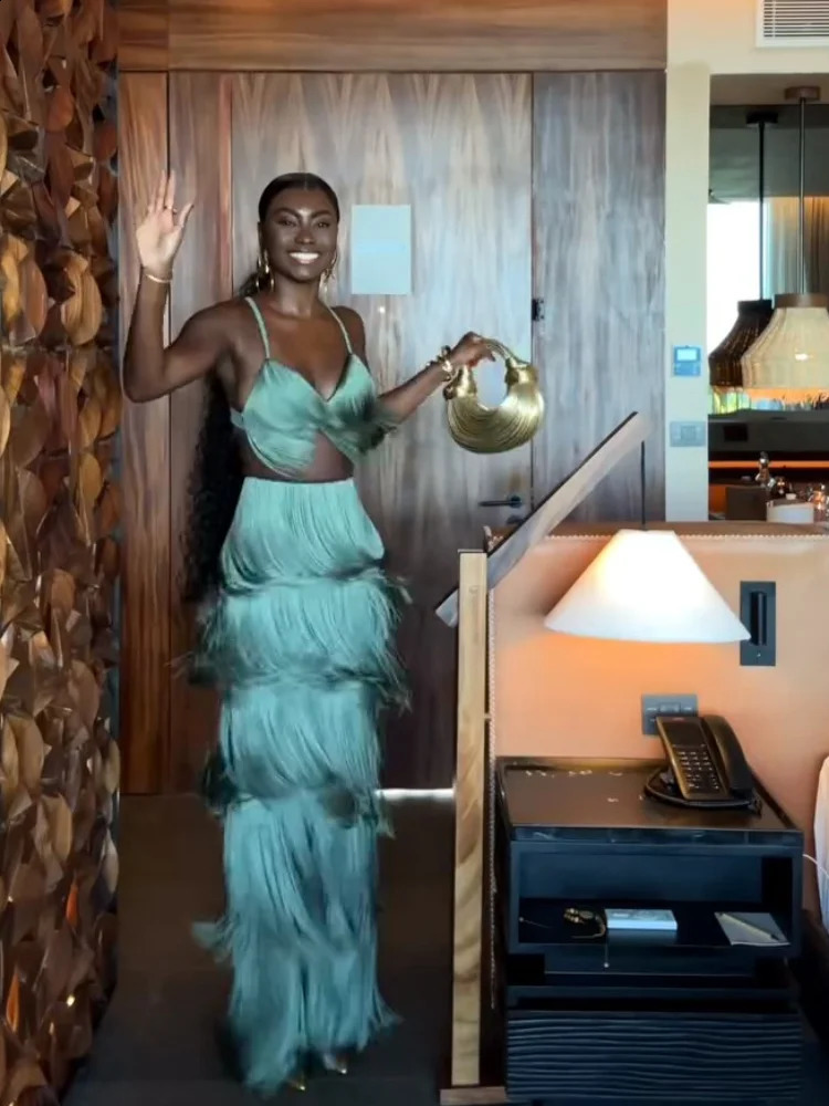 Elegant Mint Green Fringe Pant Set For Women Sexy Vneck Strap Crop Top High Waist Long Trouser Suit Lady 2025 Chic Party Outfit 251011