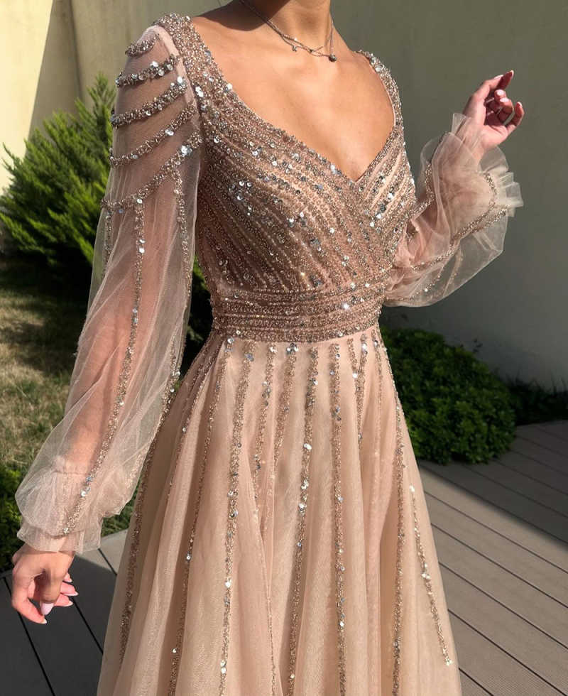 Modern Evening Dresses V-Neck Sequins Beads Tulle Long Sleeves Crystal Sequins Formal Prom Party Gowns Robe De Soriee Customized