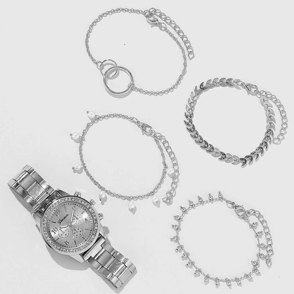 5PCS Quartz Watch Set Women Fashion Silver Round 3 Eyes Alloy Strap Wristwatch Gift Rhinestone Watch For Women Jewelry SetL251023