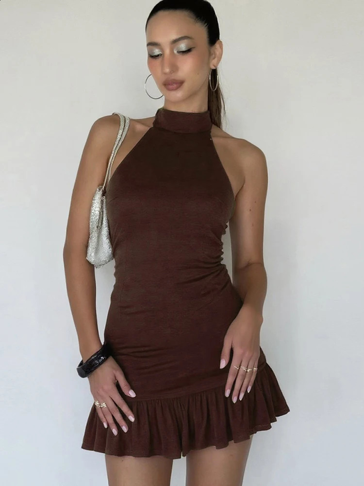 Sisterlinda Concise Basic Mini Dress Hipster Solid Halter Sexy Backless Ruffle Sleeveless Bodycon Female Classic Party Vestidos 251023