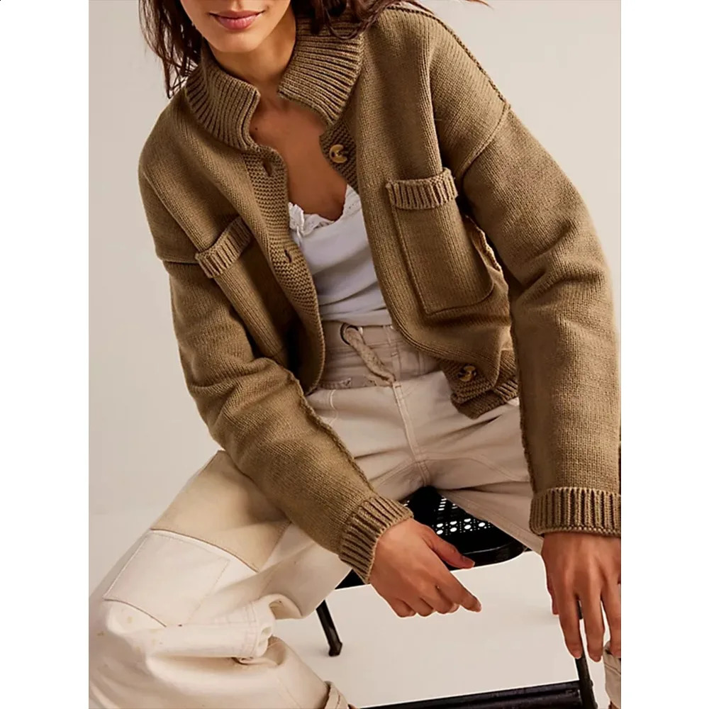 Women Cardigans Long Sleeve Button Up Knit Cardigan with Pockets Stand Collar Causal Fall Warm Sweater Solid Color Comfy Outwear 251022