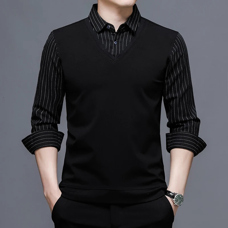 Top Grade Two Fashion Slim Fit Black Striped Shirt For Men Fasion Long Sleeve Classic College Casual Mans Clothes 251016