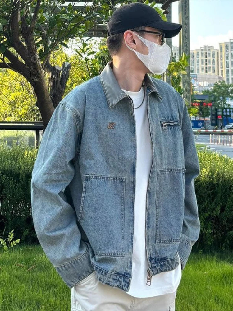 Americana PU Collar Denim Jacket Vintage Washed Embroidered Badge Multi Zip Oversized Spring Fall Cargo Casual Coat 251017