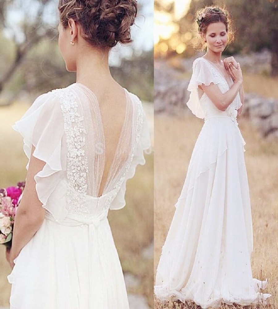 Enchanting Boho Gypsy Wedding Dress 2026 Flutter Sleeve Chiffon Bohemian Bridal Dress Backless Civil Beach Bride Gown Rustic Country Vestio De Novias