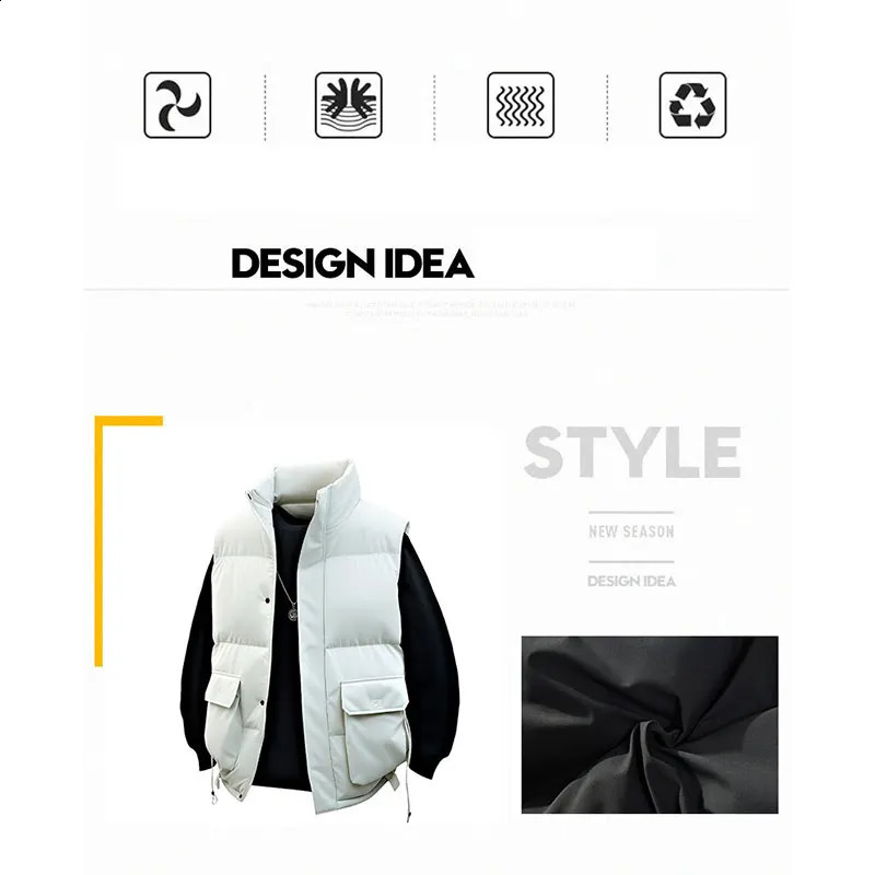 Winter Warmth Vest Solid Color Mens Stand Collar Sleeveless Casual Cargo Thermal Male Thickened Jacket 251023