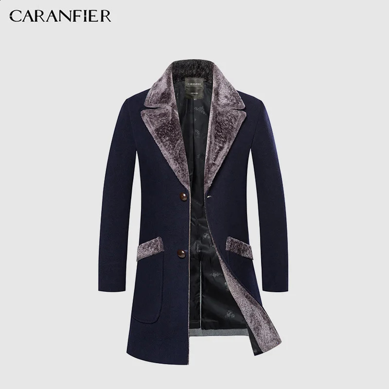 CARANFIER Arrival Winter Mens Long Woolen Coat Fur Collar Warm Wool Coats Male Solid Color Slim Casual Windbreaker Jacket 251023