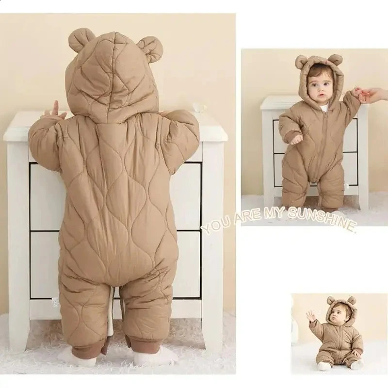 born Baby Romper Winter Thicken Cotton Jumpsuit Infant Onesie Fleece Lining Hooded Rompers for Boy Girl Clothes Kids Outfit 251023