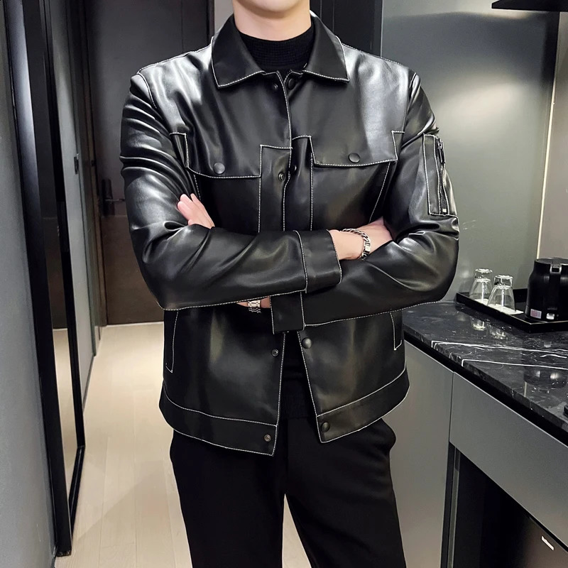 Fashion Trendy Leather Jacket Soft Comfortable Breathable Trendy Versatile Flip Collar Mens Business Casual Jacket 251021