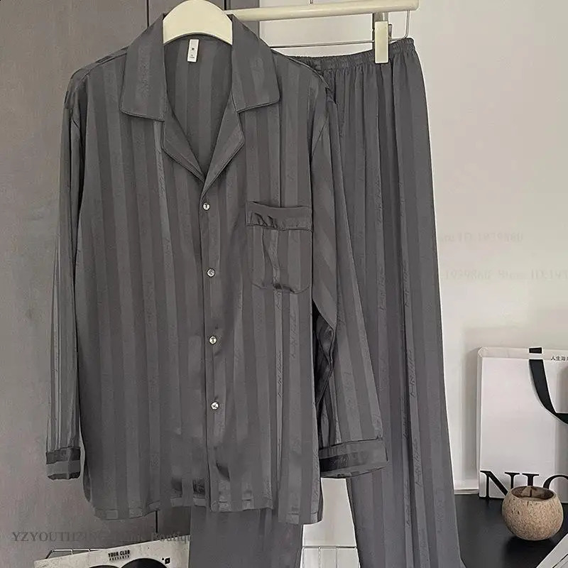 Men 2PCS Pajamas Set Loungewear Print Stripe Sleepwear Long Sleeve Trouser Suits Loose Silky Satin Home Clothes Night Wear 3XL 251021