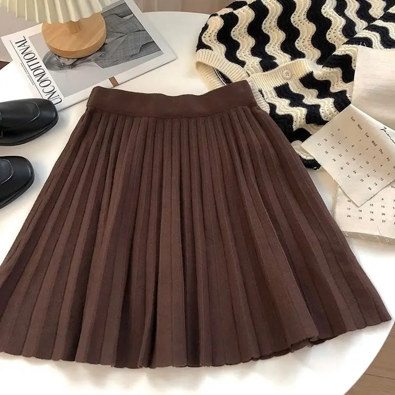 High Waist Mini Skirt Women Knitting Pleated Aline Thicken Loose Koreanstyle sweet Girls Gentle Elegant Chic Leisure Solid 251020