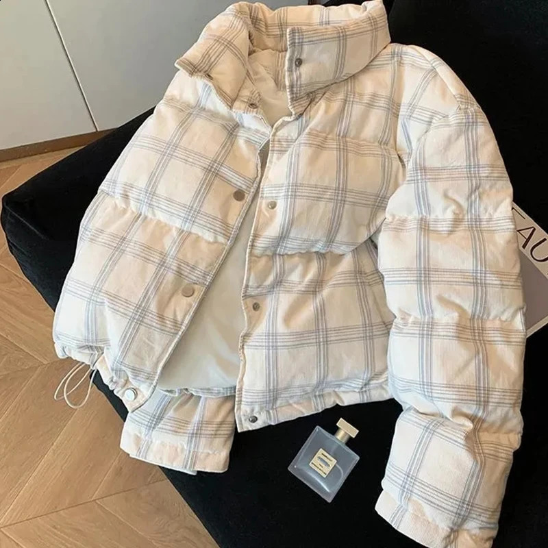 Winter Warm Parkas Coats Women Vintage Corduroy Loose Standing Collar Crop Down Jacket Y2K Korean All Match Zipper Outerwear 251022