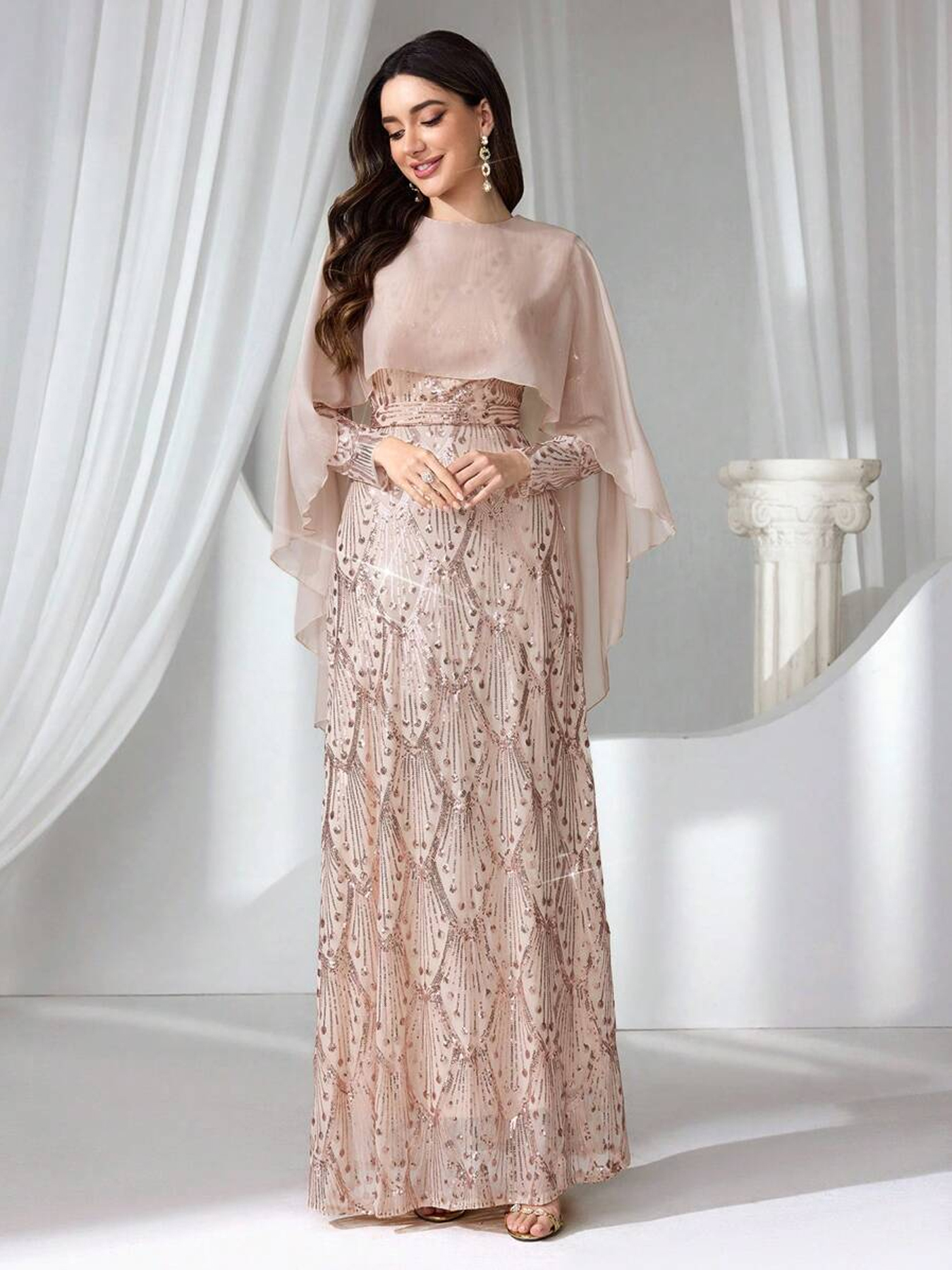 Women's Mememe Brand Sequin Evening Dress with Cape Design, Embroidered Pattern Elegant Formal Gown (S-XL, Champagne)-D350