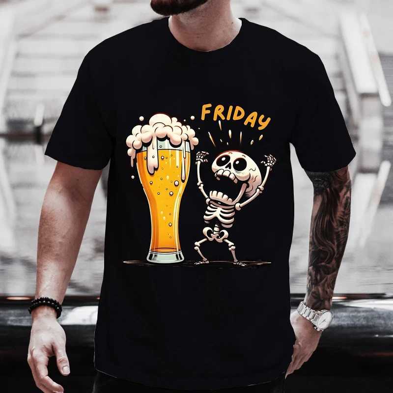 Summer Hot Beer Fun Skull Printed TShirt Mens Fashion New Large Size TShirt Casual Fashion O Neck Short Sleeve TopsXJ251023
