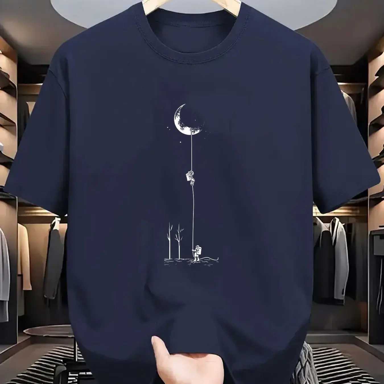 Summer mens 100 pure cotton casual loose fit plus size moon landing pattern printed round neck short sleeved Tshirt topXJ251023