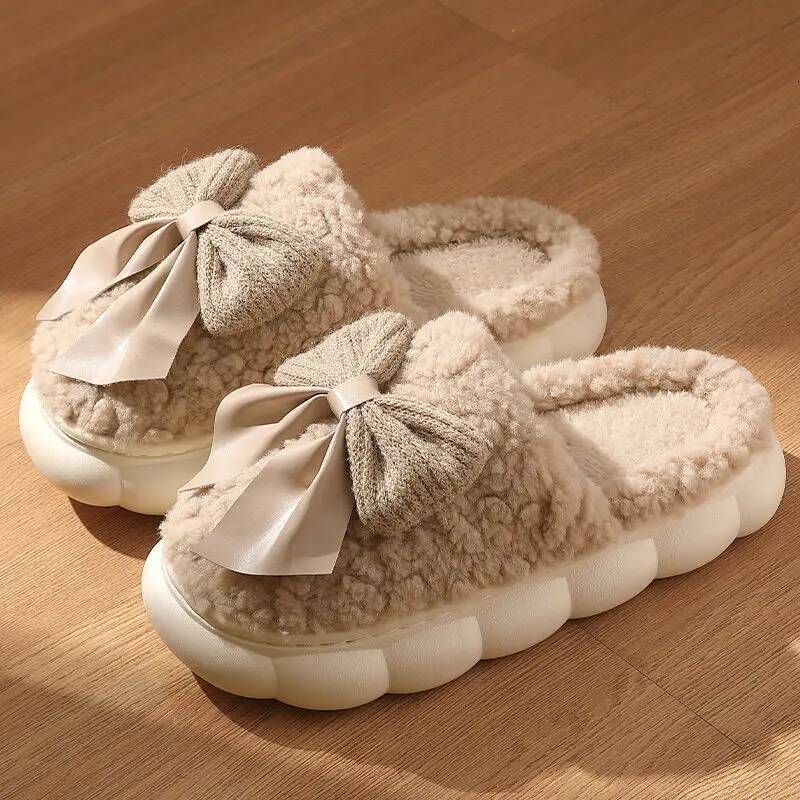 Cotton Slippers For Women Autumn and Winter Indoor home anti-slip plush Casual Bow Shoes Bedroom Flat Heels Fluffy Slides ddmythur - view 7
