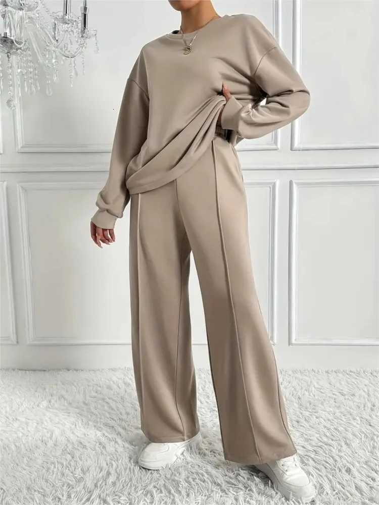 Twopiece Set For Woman Casual Oneck Long Sleeves Sweatshirt Wideleg Pants Suits Autumn Winter Ladies Fashion Office OutfitT251022