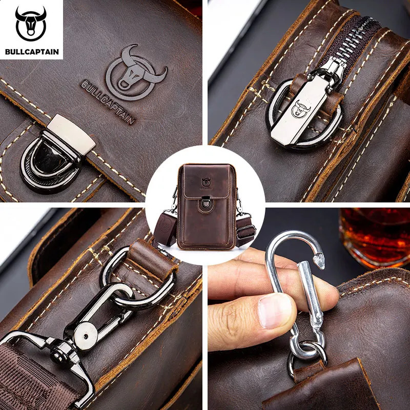 BULLCAPTAIN Crazy Horse Leather Male Waist Pack Phone Pouch Bags Waist Bag Mens Small Chest Shoulder Belt Bag Back Pack YB075251023