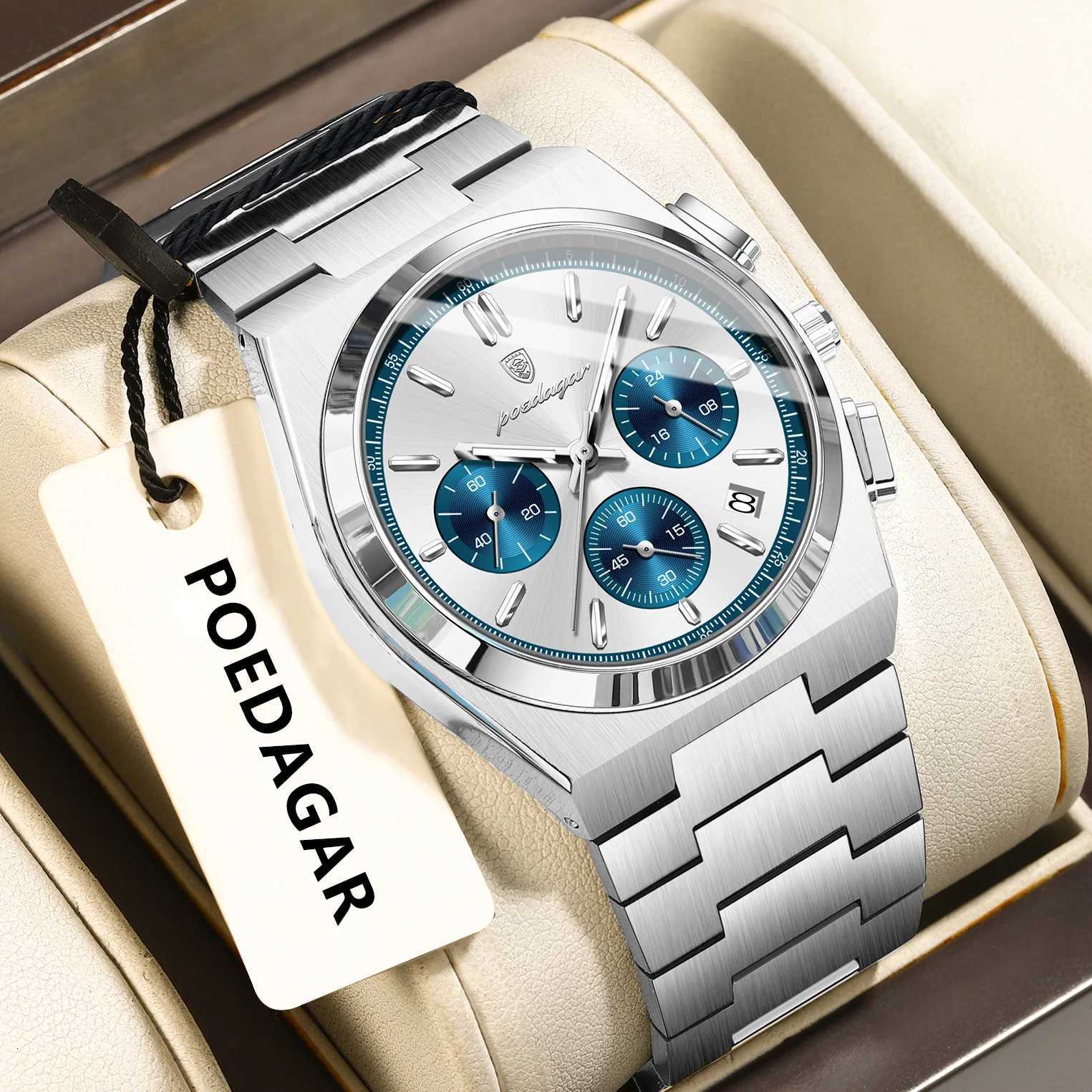 POEDAGAR Luxury Man Watch Chronograph Date Stainless Steel Sport Men Wristwatch Waterproof Luminous Fashion Quartz Mens WatchesL251023