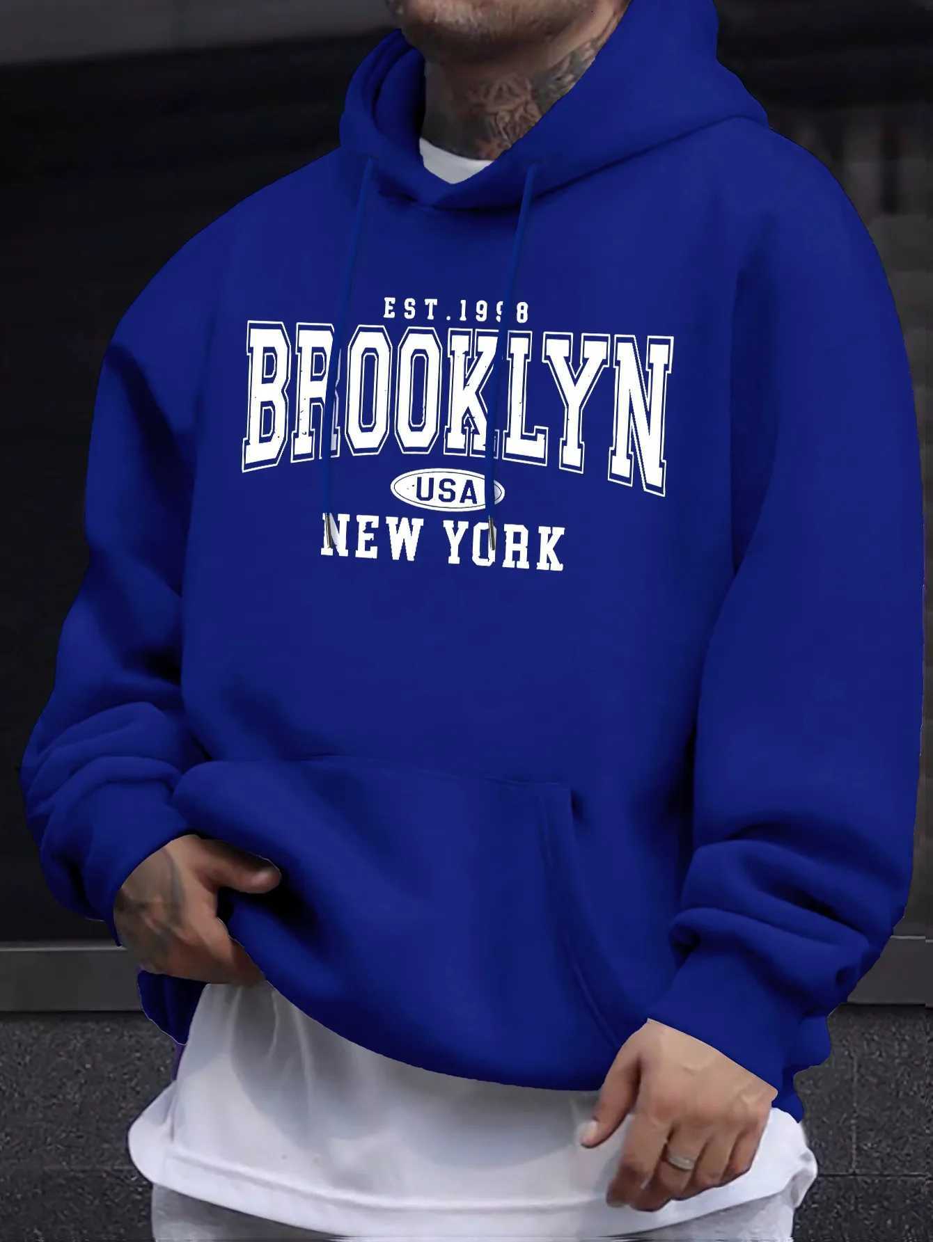 Mens autumn and winter casual fashionable loose hoodie 1998 Brooklyn graphic print long sleeved hooded warm pulloverT251023