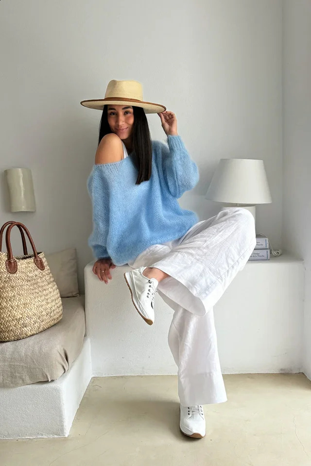 WomenS Casual Sweater Soft Comfortable Off Shoulder Pullover in Light Blue Perfect for Spring Fall Casual Attire Casual S 251023