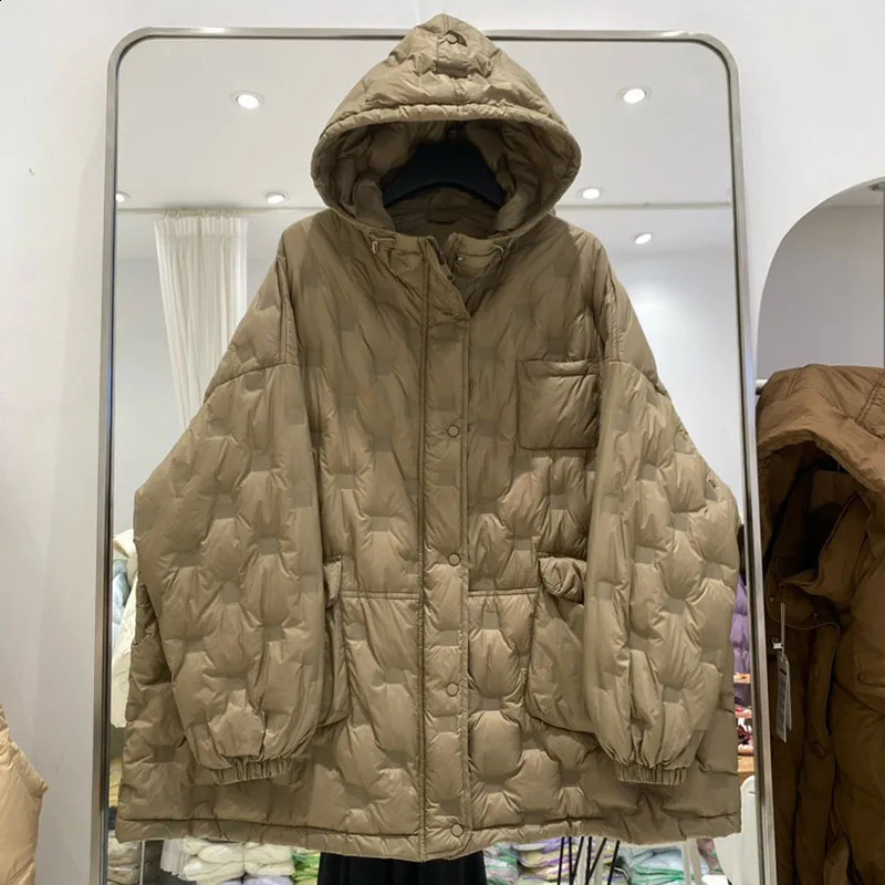 Lagabogy Autumn Winter Hooded Puffer Jacket Oversized Solid Parkas Female 90 White Duck Down Coat Long Sleeve Warm Outwear 251022