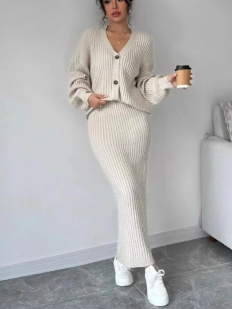 Autumn Winter Womens Loose Cardigan Two Piece Set Long Sleeved Vneck Sweater Jacket Hip Hugging Skirt Elegant Knitted 251016
