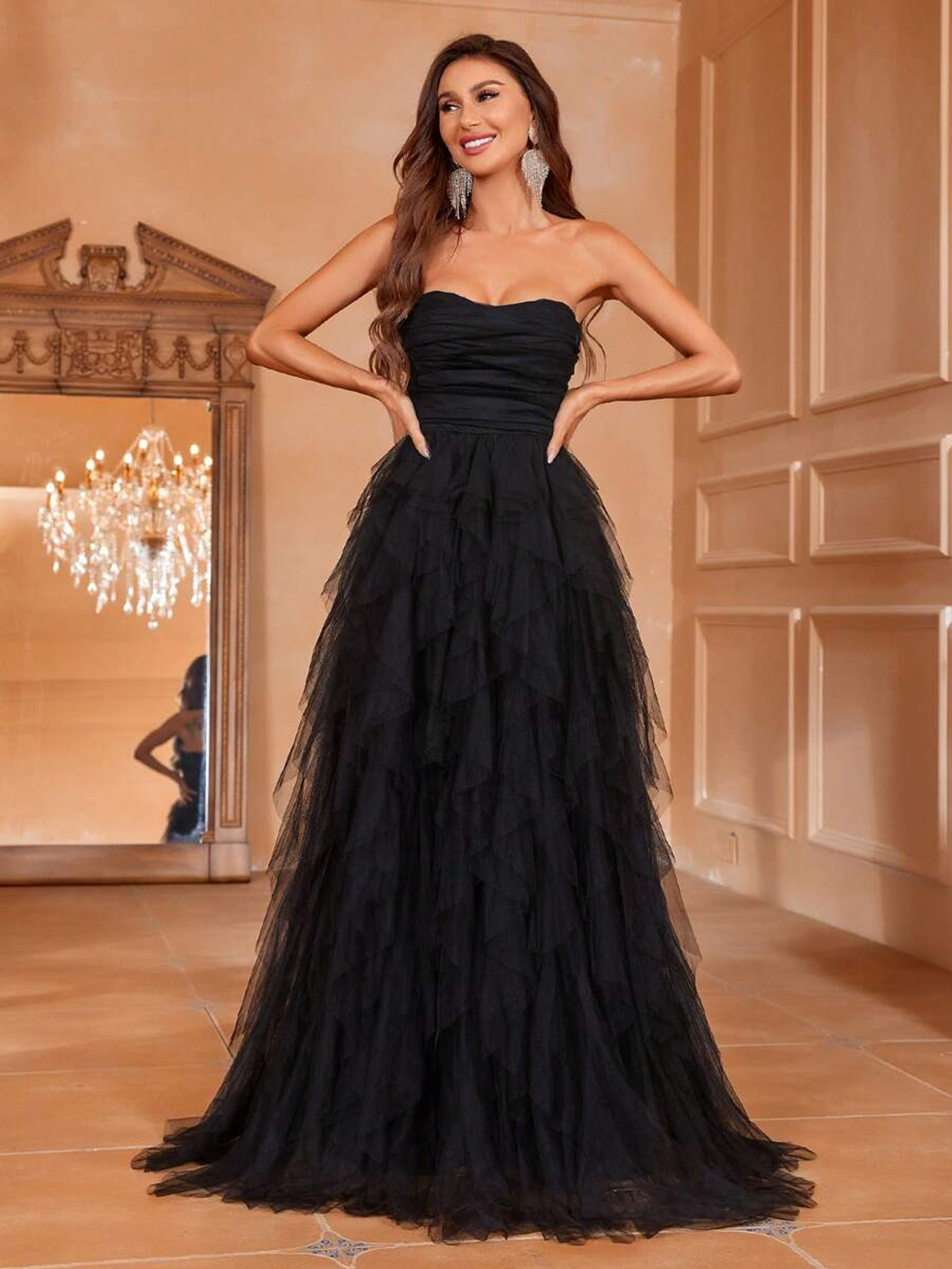 Women's Mememe Brand Strapless Tiered Tulle Evening Dress, Slim-Waist Sexy Formal Gown (S-XL, Black/White)-D360