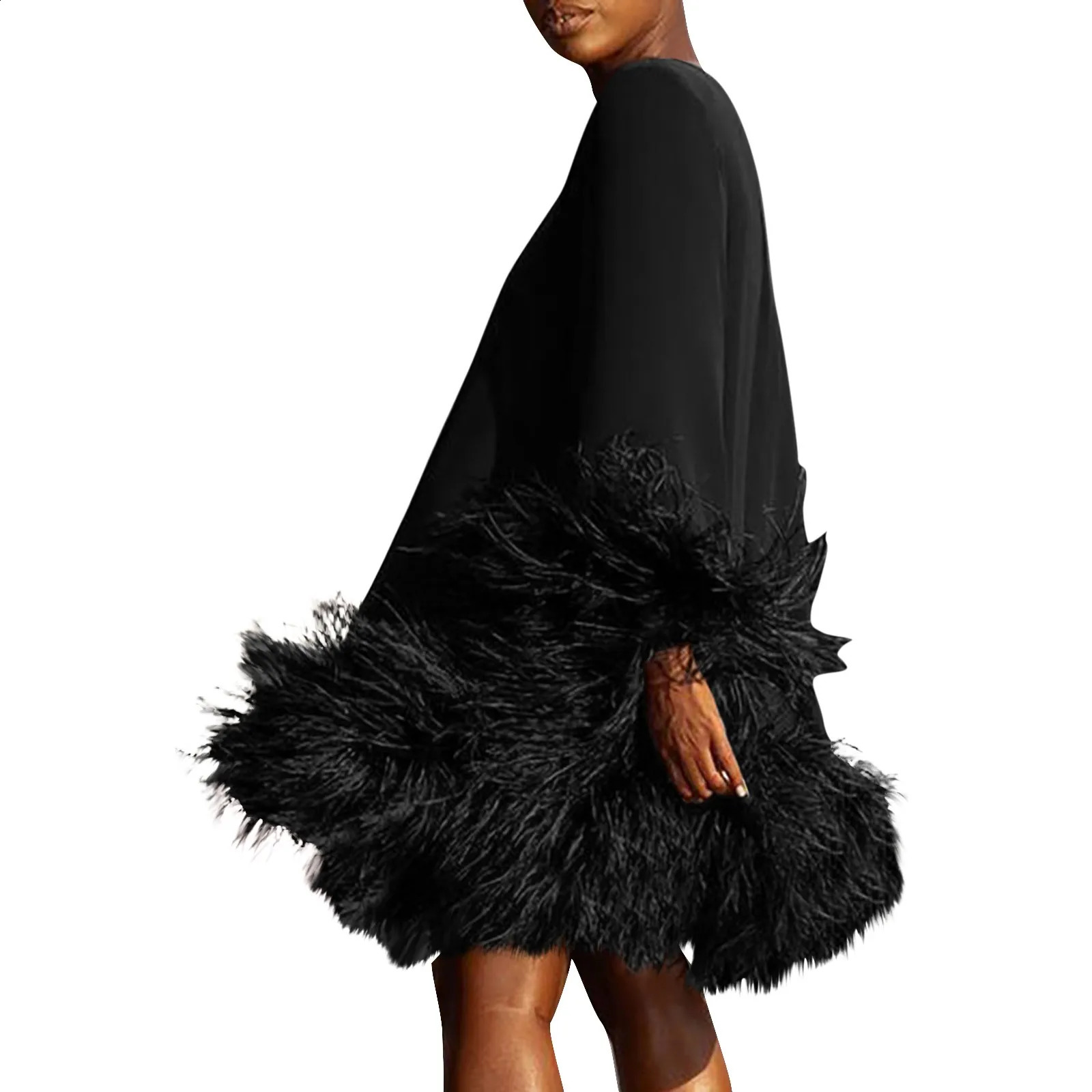 Feather Fur Patchwork Mini Dress Elegant Party Long Sleeve Dress Autumn Winter Women Sexy Personality Y2k Solid Vestidos 251020