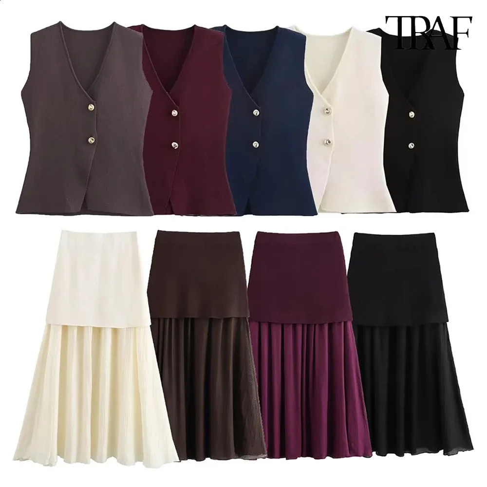 Womens Funky Suit Gold Button Knit Vest Crinkle Embellished Long Skirt Street Style Elegant Womenswear 251016