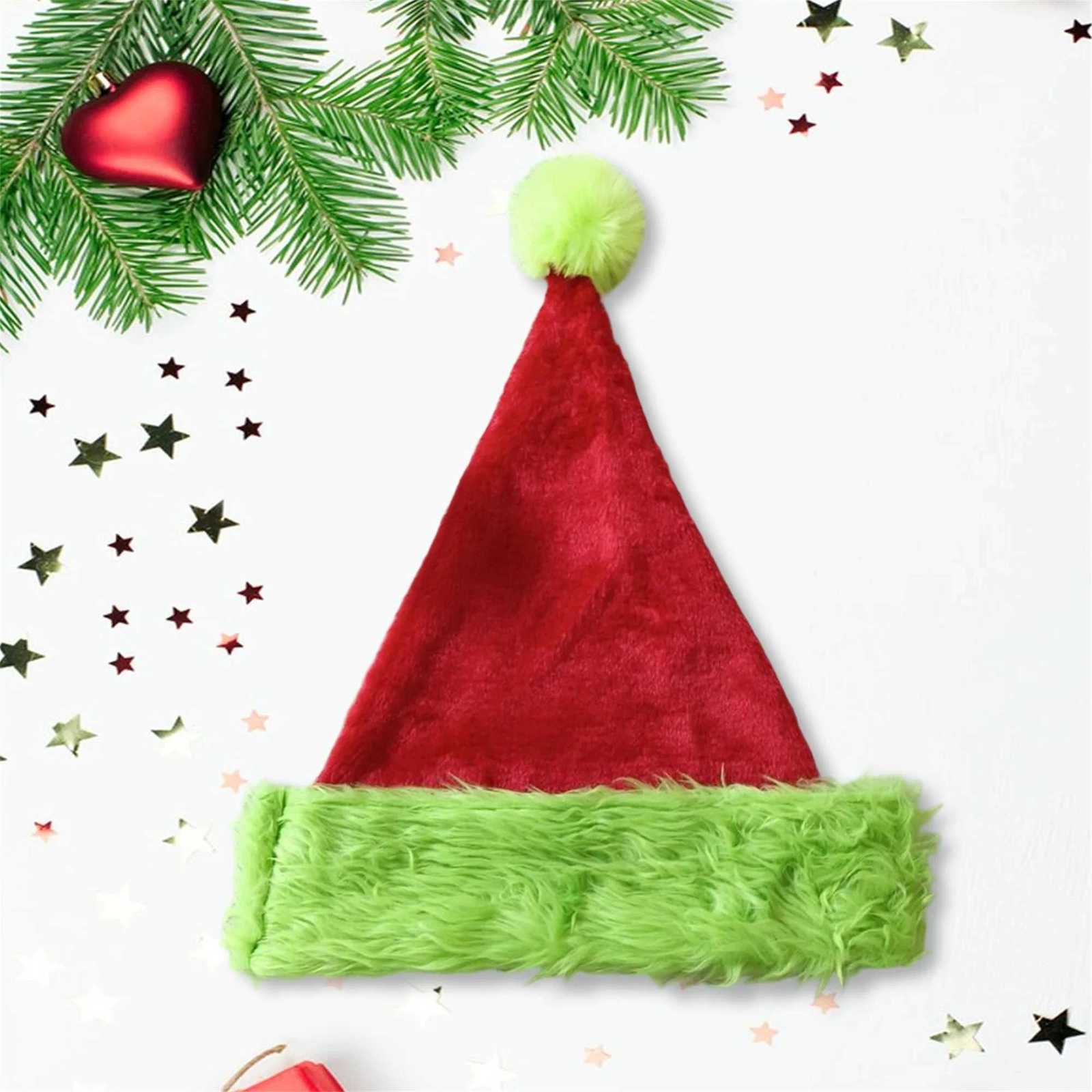 Kids Christmas Red Plush Santa Hat with Green Fur P Festive and Cozy Holiday wear for Winter PartiesW251023