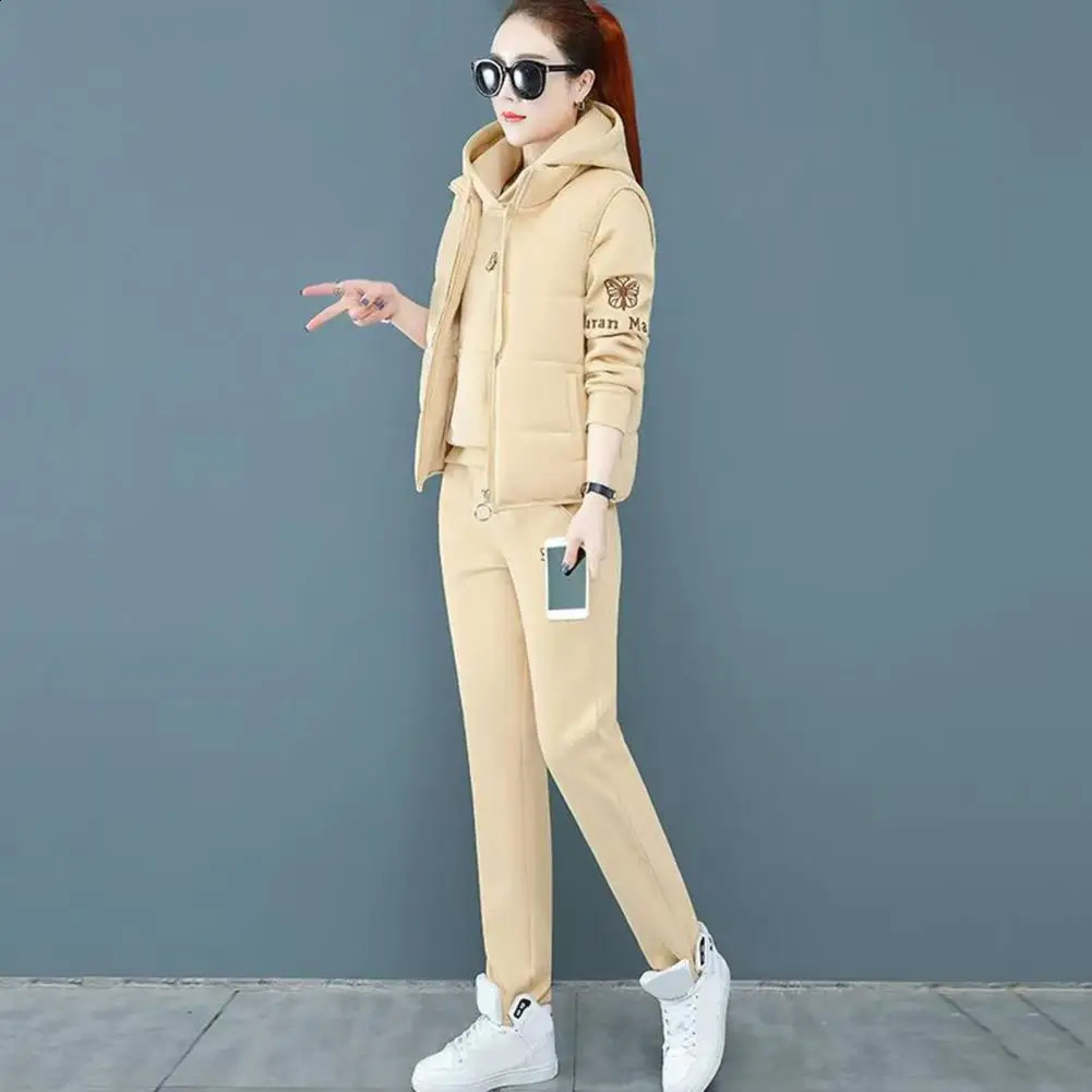 Autumn Winter Womens Casual Sweat Suit Fashion Plush Thickened Hooded Tops Waistcoat Pants 3 Three Piece Set For Women 251022