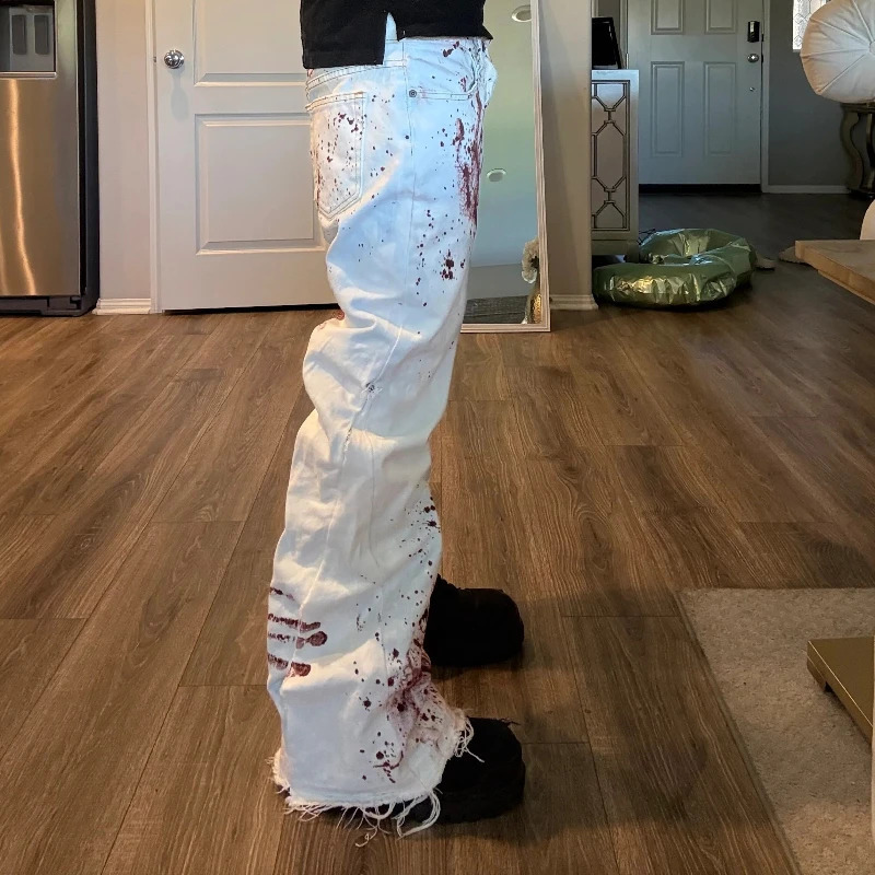 Y2K Harajuku White Men Baggy Jeans Retro Horror Blood Handprint Printed Fashionable High Street Hip Hop Unisex Wide Leg Pants 251018