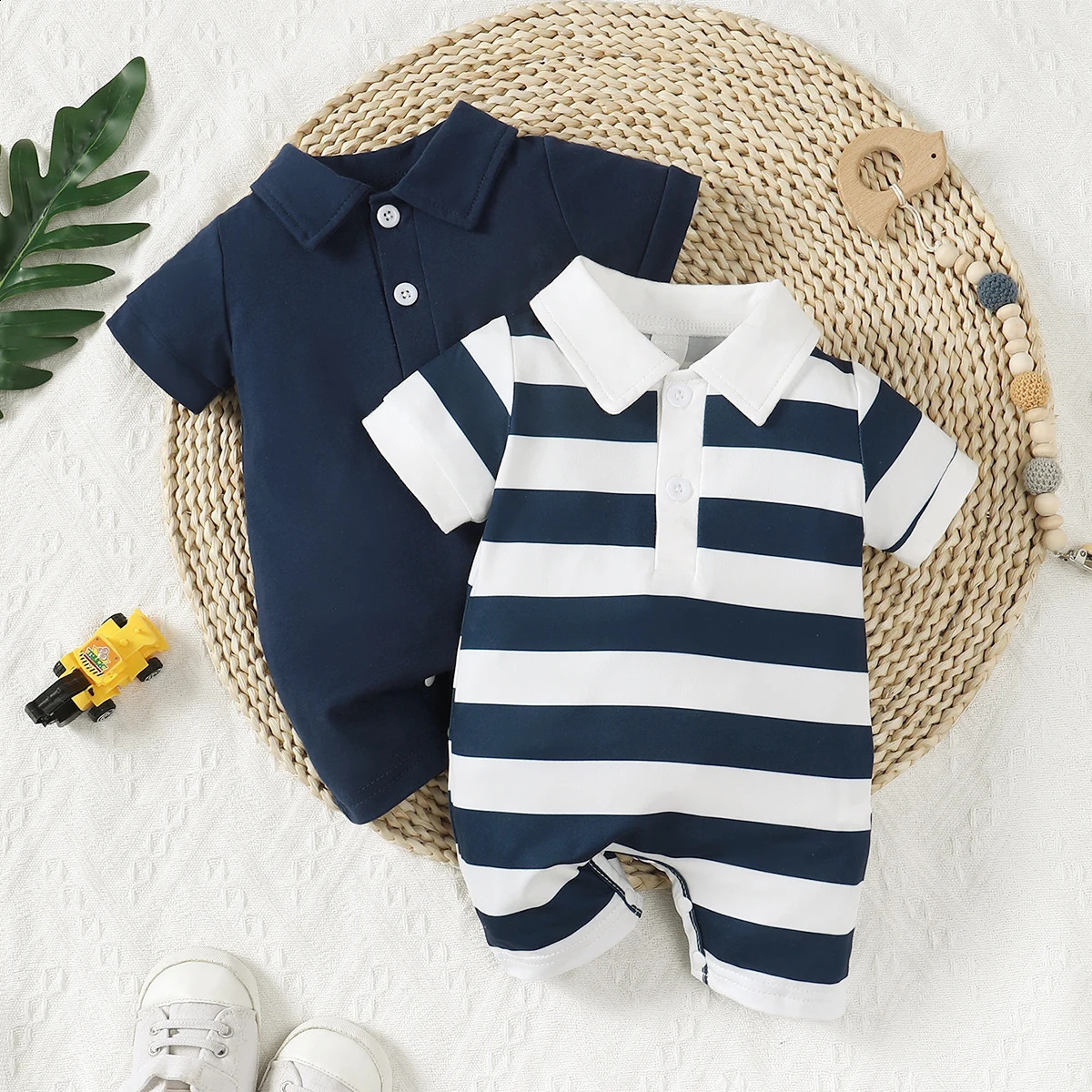 Summer Baby Boy 2pcs Cute Casual Solid Color And Striped Collared Short Sleeve Romper With Button Closure 251023