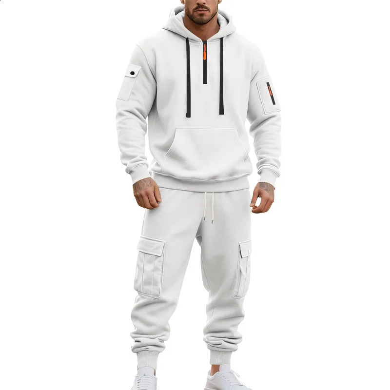 Autumn and Winter Heavy Mens Suit Loose Cargo Outdoors Commute Casual Fleece Thermal Hoodie Overalls Sweatpants 251023